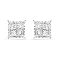 14K White Gold 1 1/2 Cttw Invisible Set Princess-Cut Diamond Contemporary Wavy Quad Stud Earrings (I-J Color, I1-I2 Clarity)