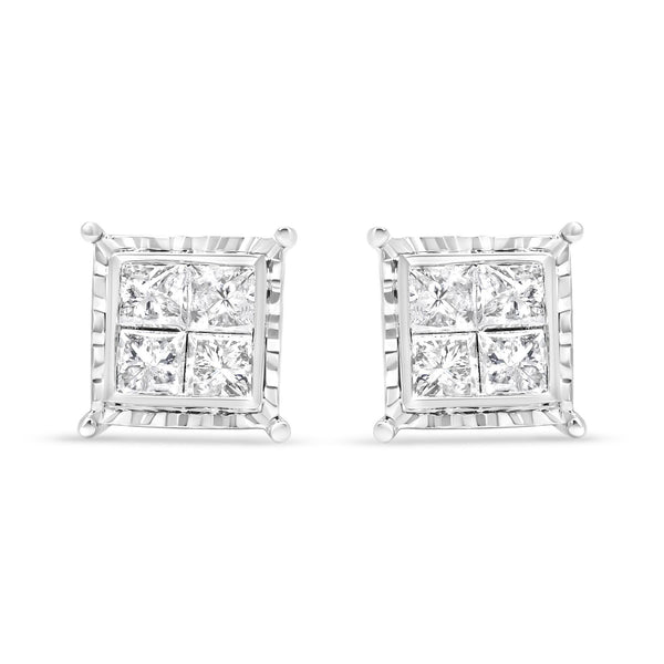14K White Gold 1 1/2 Cttw Invisible Set Princess-Cut Diamond Contemporary Wavy Quad Stud Earrings (I-J Color, I1-I2 Clarity)