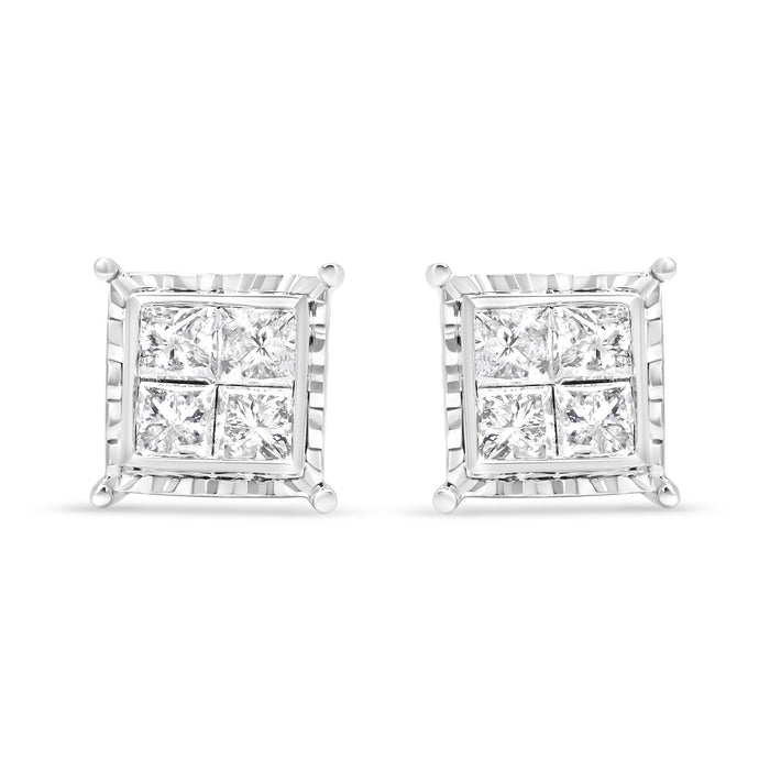 14K White Gold 1 1/2 Cttw Invisible Set Princess-Cut Diamond Contemporary Wavy Quad Stud Earrings (I-J Color, I1-I2 Clarity)