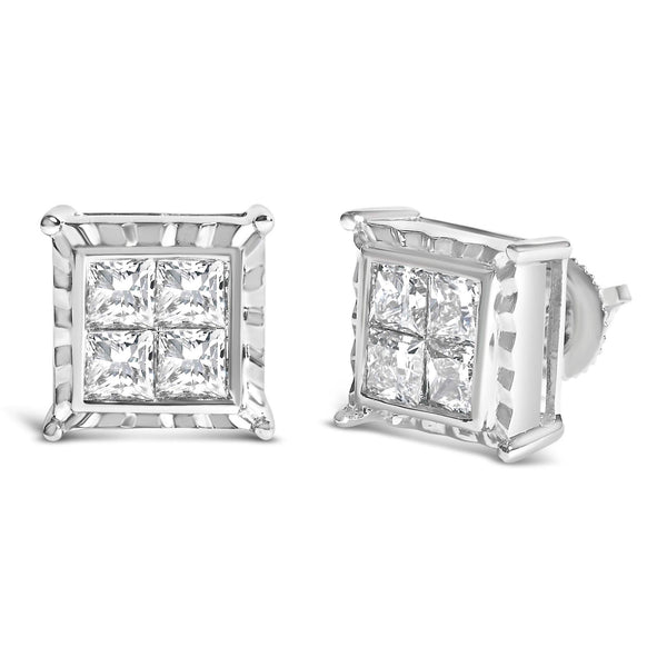14K White Gold 2.00 Cttw Invisible Set Princess-Cut Lab Grown Diamond Wavy Quad Stud Earrings