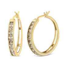 14K Yellow Gold Plated .925 Sterling Silver 1.0 Cttw Channel Set Champagne Diamond Hoop Earrings with Snap Post (K-L Color, I1-I2 Clarity)-1