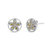 .925 Sterling Silver Yellow Diamond Accent Star and Wheel Milgrain Style Stud Earrings (Yellow Color, I2-I3 Clarity)-1