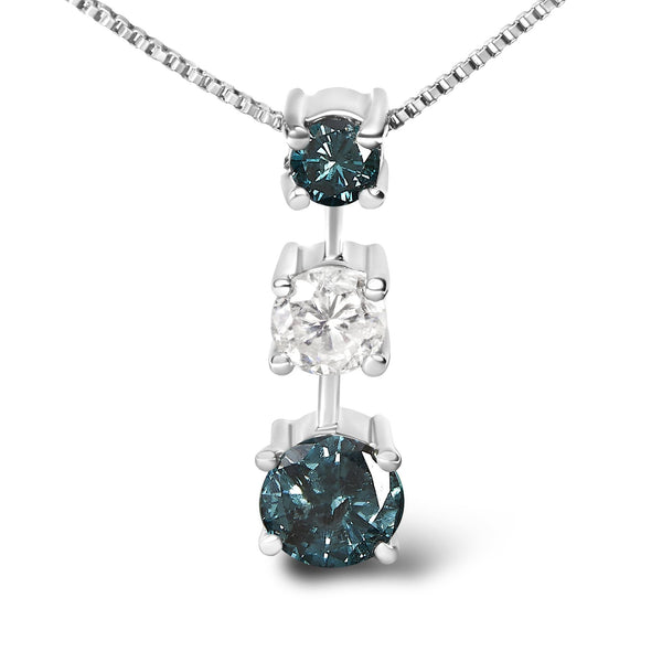 14K White Gold 1 1/2 Cttw Treated Blue and White Diamond 3-Stone 18