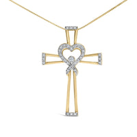 14K Yellow Gold Plated .925 Sterling Silver 1/6 Cttw Diamond Interlocking Heart and Ribbon Cross Pendant Necklace (H-I Color, I2-I3 Clarity) - 18