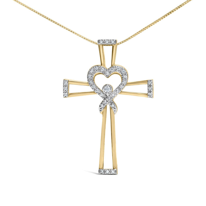 14K Yellow Gold Plated .925 Sterling Silver 1/6 Cttw Diamond Interlocking Heart and Ribbon Cross Pendant Necklace (H-I Color, I2-I3 Clarity) - 18