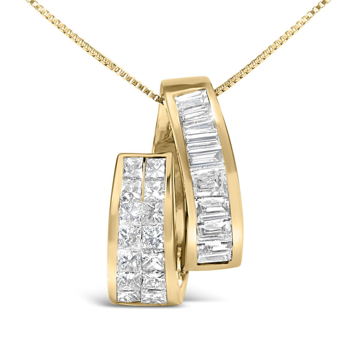 14K Yellow Gold 1 5/8 Cttw Princess and Baguette Diamond Duo Bar Pendant Necklace (G-H Color, VS2-SI1 Clarity) - 18