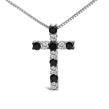 .925 Sterling Silver 1/2 Cttw Alternating Black and White Diamond Cross Pendant Necklace  (Treated Black and H-I Color, I3 Clarity) - 18"-1