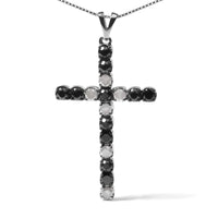 .925 Sterling Silver 2.0 Cttw Prong Set Round Natural Treated Black and White Diamond Cross Pendant Necklace - 18