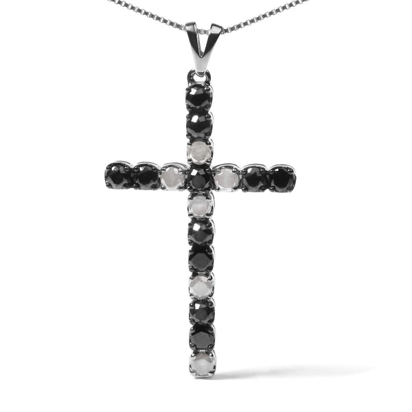.925 Sterling Silver 2.0 Cttw Prong Set Round Natural Treated Black and White Diamond Cross Pendant Necklace - 18