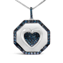 .925 Sterling Silver 5/8 Cttw Blue Diamond Mirror Plate with Heart and Diamond Halo 18" Pendant Necklace (Blue Color, I2-I3 Clarity)-1