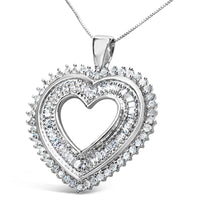 .925 Sterling Silver 1.0 Cttw Baguette and Round Diamond  Heart Pendant 18
