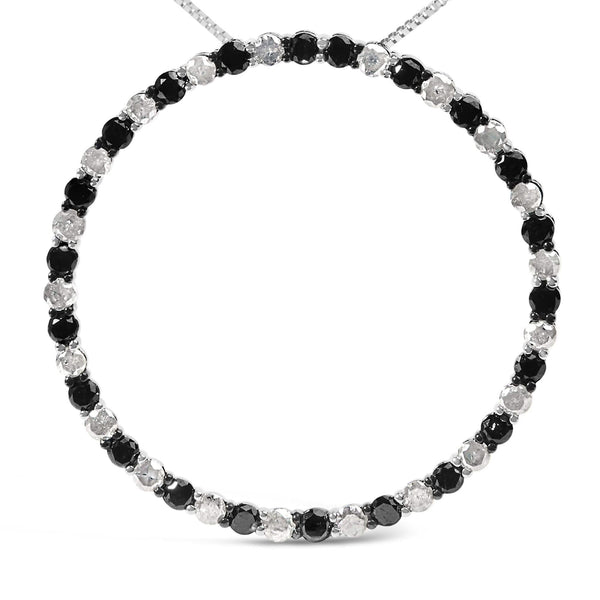 .925 Sterling Silver 3.0 Cttw Alternating Black and White Diamond Open Hoop Circle Pendant Necklace (H-I Color, I3 Clarity) - 18