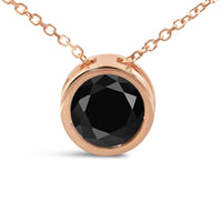 14K Rose Gold Bezel-Set Black Round Diamond Solitaire Pendant Necklace (Black Color, I2-I3 Clarity) - 18