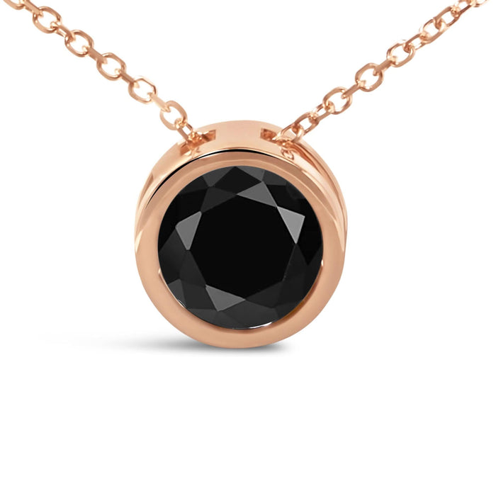 14K Rose Gold Bezel-Set Black Round Diamond Solitaire Pendant Necklace (Black Color, I2-I3 Clarity) - 18