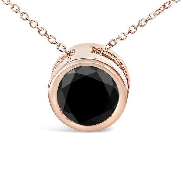 14K Rose Gold Bezel-Set Black Round Diamond Solitaire Pendant Necklace (Black Color, I2-I3 Clarity) - 18