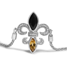 .925 Sterling Silver Marquise Black Onyx, Orange Citrine, and Diamond Accent Lariat 4”-10” Fleur De Lis Adjustable Bolo Bracelet (I-J Color, I1-I2 Clarity) - 7"-1