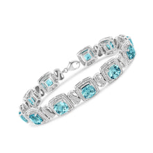 .925 Sterling Silver 7x7 mm Cushion Cut Blue Topaz and 1/10 Ctw Single Cut Diamond Square Shape Tennis Bracelet (I-J Color, I1-I2 Clarity) - 7"-1