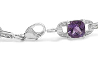 .925 Sterling Silver 7mm Cushion Cut Amethyst Gemstone and Diamond Tennis Link Bracelet (I-J Color, I1-I2 Clarity) - Size 7