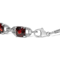 .925 Sterling Silver 7x7mm Checkered Cushion Red Garnet and Diamond Accent Fashion Tennis Link Bracelet (I-J Color, I1-I2 Clarity) - Size 7