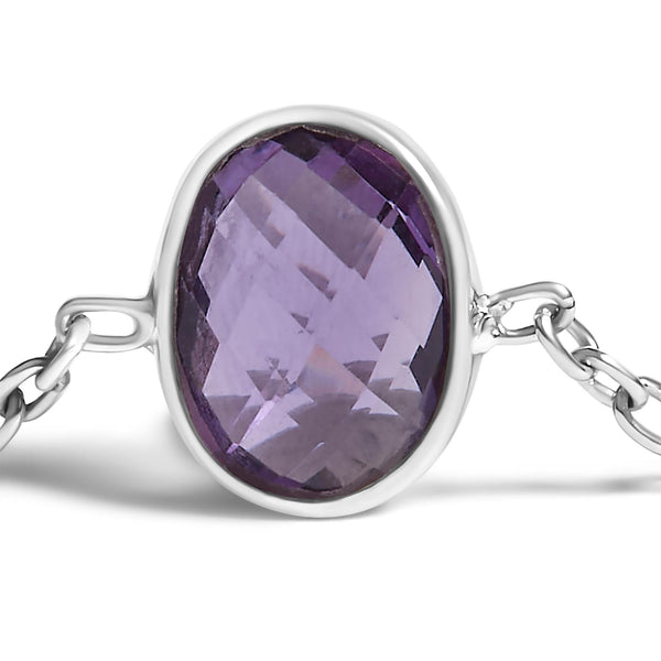 .925 Sterling Silver Bezel Set Purple Amethyst 5 Station Adjustable Bolo Bracelet