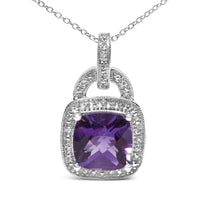 .925 Sterling Silver 10X10 MM Cushion Purple Amethyst and Diamond Accent Halo 18
