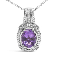 .925 Sterling Silver 9x7mm Oval Purple Amethyst and Round Diamond Accent Fashion Drop Pendant 18 Inch Necklace (I-J Color, I1-I2 Clarity)