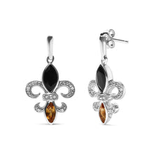 .925 Sterling Silver Marquise Cut Onyx and Citrine with Diamond Accent Fleur De Lis Drop Stud Earrings (H-I Color, SI1-SI2 Clarity)-1