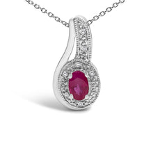 .925 Sterling Silver Red Ruby and Diamond Accent Milgrain Swirl Pendant Necklace - 18" Inches-1