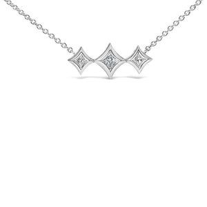 10K White Gold Bezel Set Princess Diamond 3 Stone Kite Shape and Station Necklace (H-I Color, SI2-I1 Clarity) - 18