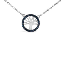 .925 Sterling Silver 1/6 Cttw Blue Diamond Tree of Life and Circle 18" Pendant Necklace (Blue Color, SI1-SI2 Clarity)-1