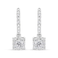 14K White 1/2 Cttw Round Diamond Halo Dangle Hook Earring - (H-I Color, SI2-I1 Clarity)