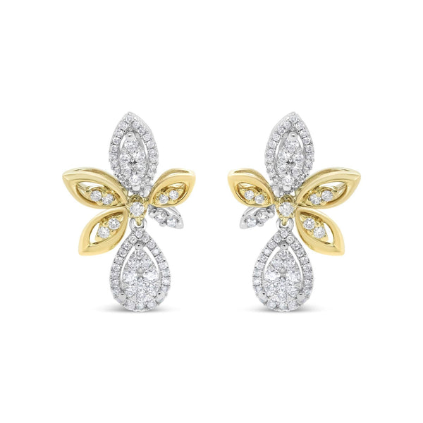 14K White and Yellow Gold 1.00 Cttw Round Pave-Set Diamond Teardrop and Marquise Shape Drop Dangle Earrings (H-I Color, SI1-SI2 Clarity)
