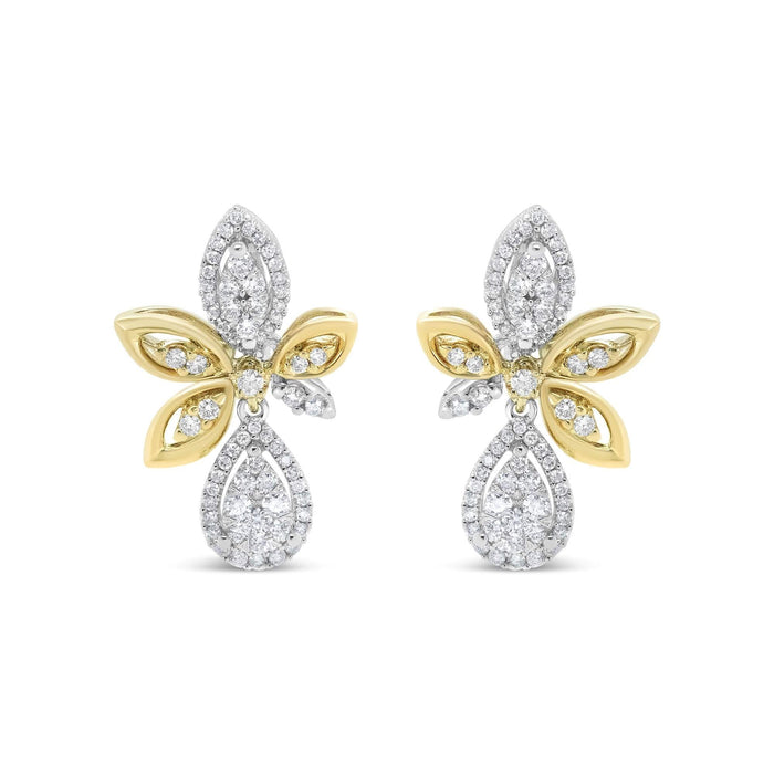 14K White and Yellow Gold 1.00 Cttw Round Pave-Set Diamond Teardrop and Marquise Shape Drop Dangle Earrings (H-I Color, SI1-SI2 Clarity)