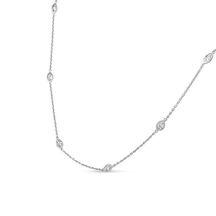 14K White Gold 1.00 Cttw Bezel Set Round Diamond Marquise Shaped Milgrain Station 18