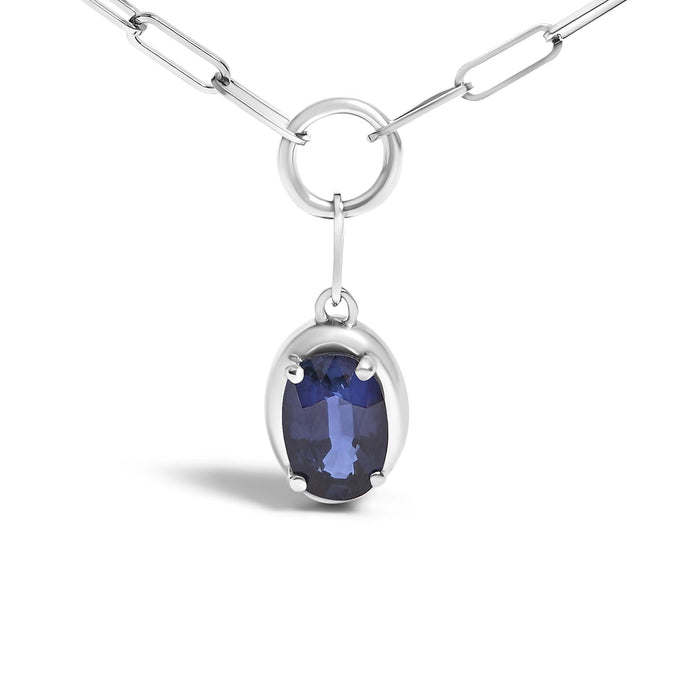 10K White Gold 6x4 mm Oval Blue Sapphire Solitaire Paperclip Pendant Necklace - 18