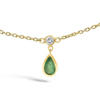 10K Yellow Gold Dangling 5x3 mm Green Emerald and Diamond Station Necklace - 18