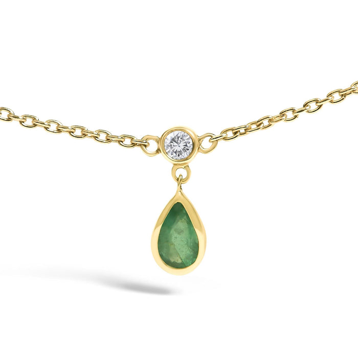 10K Yellow Gold Dangling 5x3 mm Green Emerald and Diamond Station Necklace - 18