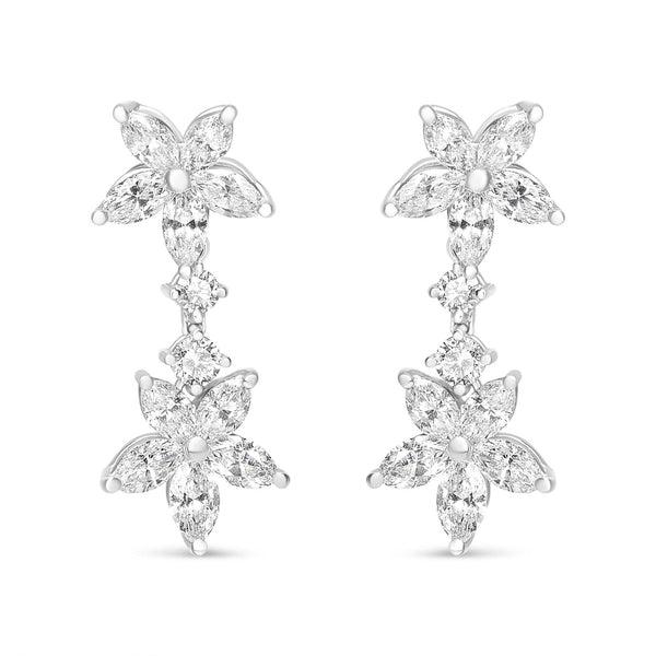 18k White Gold 6.0 Cttw Marquise Diamond Floral Dangle Drop Earrings (E-F Color, VS1-VS2 Clarity)