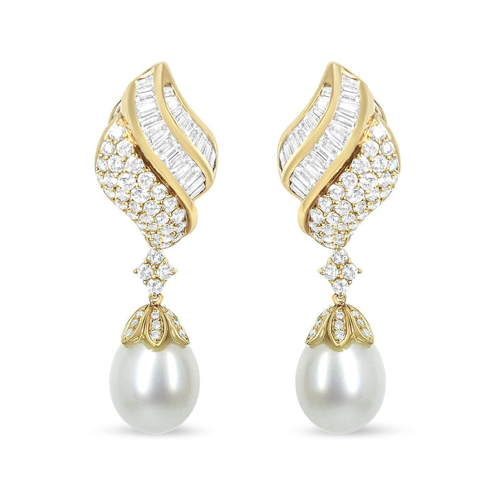 18k Yellow Gold 7.0 Cttw Baguette and Round Diamond South Sea Pearl Drop Dangle Clip-On Earrings (F-G Color, VS1-VS2 Clarity)