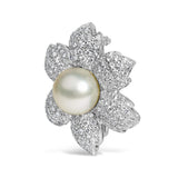 18K White Gold 2 3/4 Cttw Diamond and 12.5 MM Cultured Freshwater Pearl Floral Brooch Pin (G-H Color, VS1-VS2 Clarity)-1 thumbnail 2