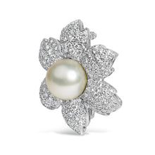 18K White Gold 2 3/4 Cttw Diamond and 12.5 MM Cultured Freshwater Pearl Floral Brooch Pin (G-H Color, VS1-VS2 Clarity)-1