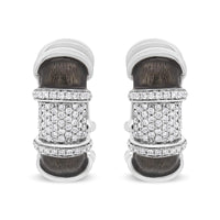 18K White Gold Flash Plated .925 Sterling Silver Clear Graphite Grey Enamel 5/8 Cttw Round Diamonds Huggie Hoop Earrings (F-G Color, VS1-VS2 Clarity)