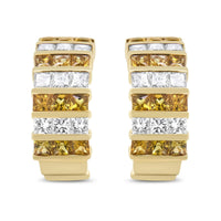 18K Yellow Gold 1 3/4 Cttw Invisible Set Princess Cut Diamond and 2.5mm Yellow Sapphire Huggie Hoop Earrings (F-G Color, VS1-VS2 Clarity)