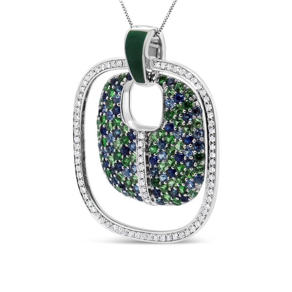 .925 Sterling Silver Green Enamel Pendant with 1/2 Cttw Diamond, Sapphire, and Tsavorite Openwork Statement 18