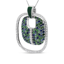 .925 Sterling Silver Green Enamel Pendant with 1/2 Cttw Diamond, Sapphire, and Tsavorite Openwork Statement 18" Pendant Necklace (F-G Color, VS1-VS2 Clarity)-1