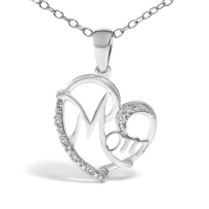 .925 Sterling Silver Cursive Mom Heart Diamond Accent Pendant Necklace (J-K Color, I2-I3 Clarity) - 18