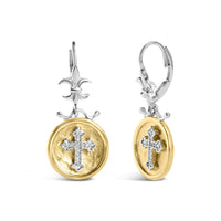 18K Yellow Gold Plated .925 Sterling Silver 1/8 Cttw Diamond Hammered Finished Medallion with Cross Drop and Dangle Earrings (I-J Color, SI1-SI2 Clarity)