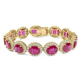 14K Yellow Gold 6 2/5 Cttw Diamond and 34.0 Cttw Oval Red Ruby Halo Link Bracelet (I-J Color, SI1-SI2 Clarity) - 7.25