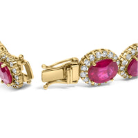 14K Yellow Gold 6 2/5 Cttw Diamond and 34.0 Cttw Oval Red Ruby Halo Link Bracelet (I-J Color, SI1-SI2 Clarity) - 7.25