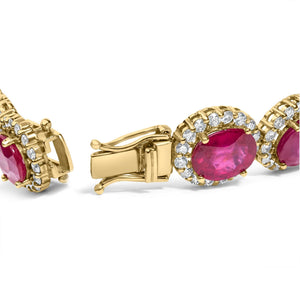 14K Yellow Gold 6 2/5 Cttw Diamond and 34.0 Cttw Oval Red Ruby Halo Link Bracelet (I-J Color, SI1-SI2 Clarity) - 7.25